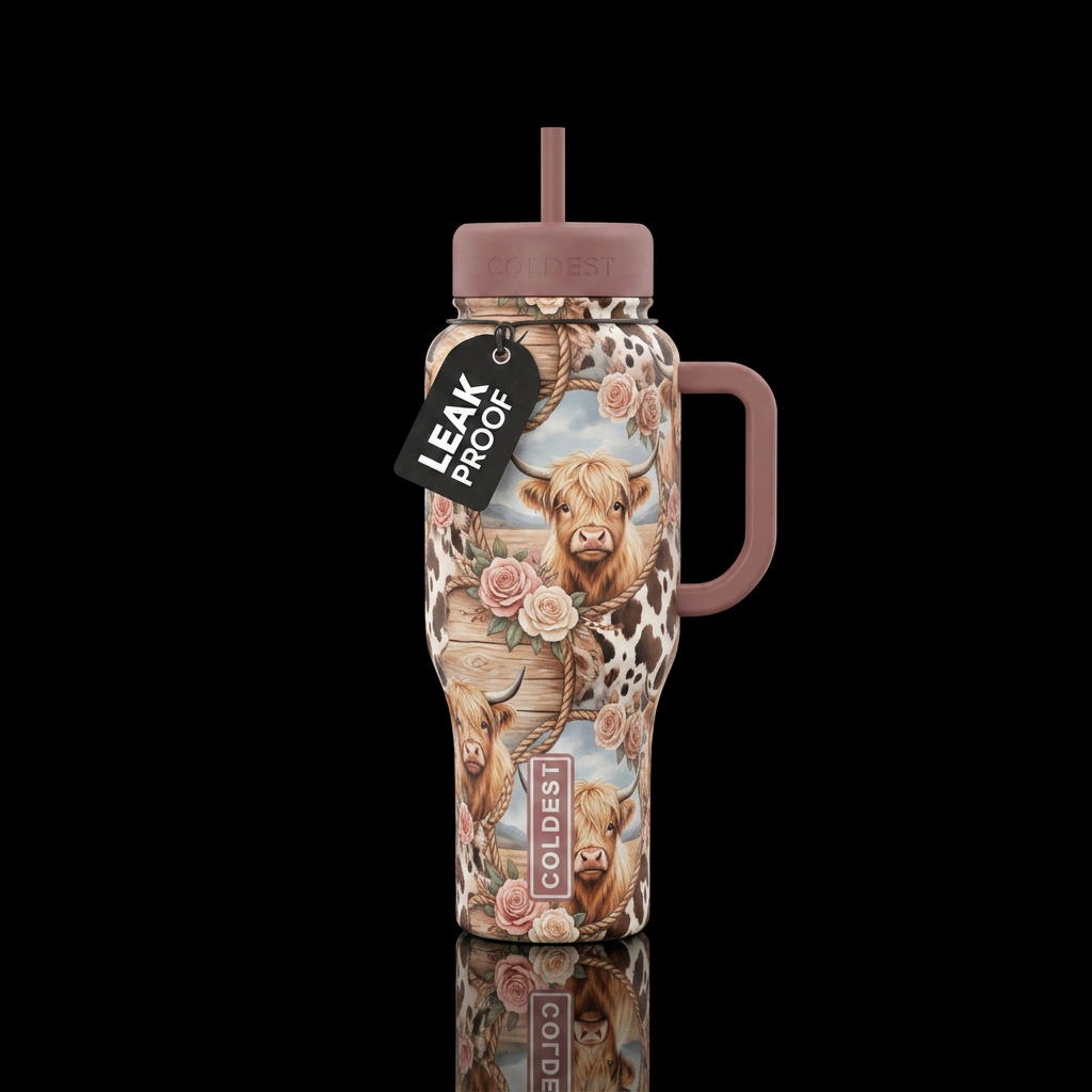 Baby highland cows with wood, rose, rope and cow p... water bottle design