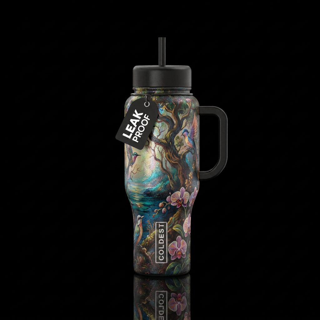 vibrant, rustic, dark mood, birds, painted, classi... water bottle design
