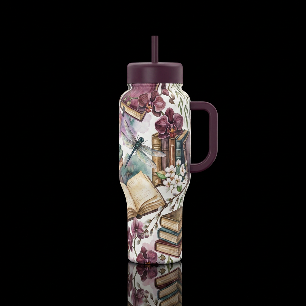 tranquil, watercolor, dragonflies, orchids, pear b... water bottle design