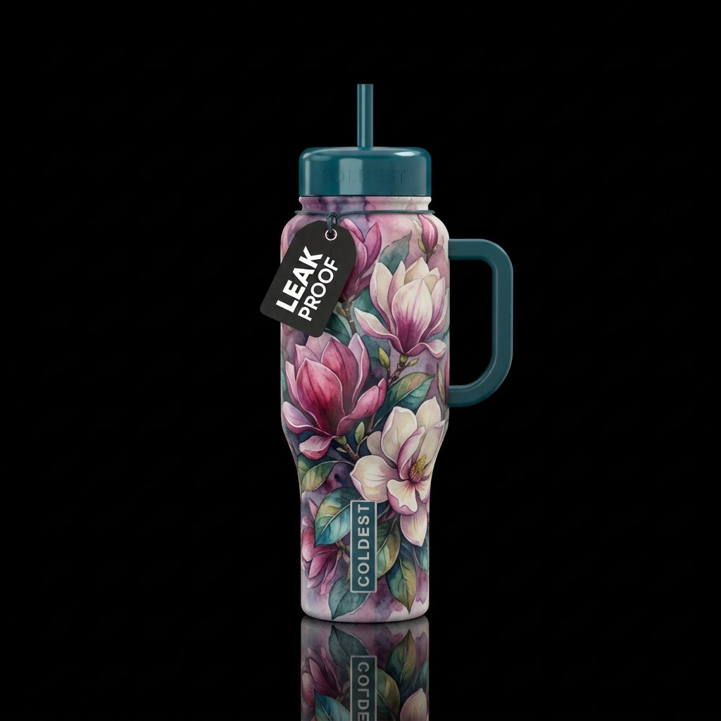Magnolias and magnolia blooms with vibrant colors,... water bottle design