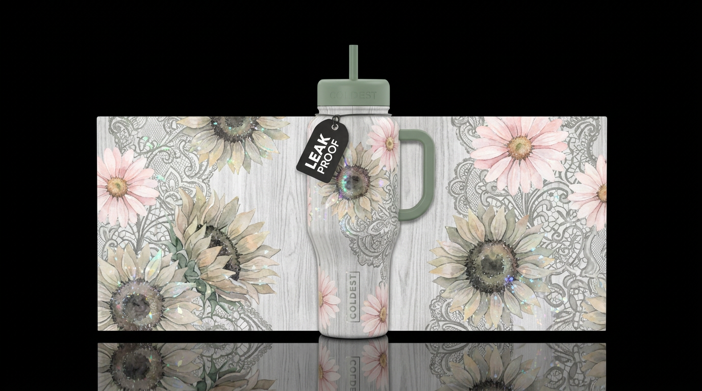 Grayish white wood grain background. Magical iride... water bottle design