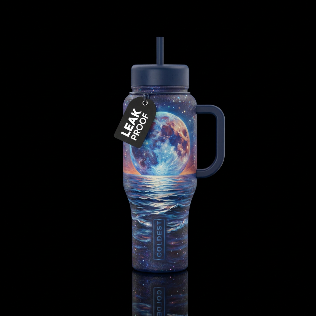 Full blue moon with hints of orange, purple and re... water bottle design