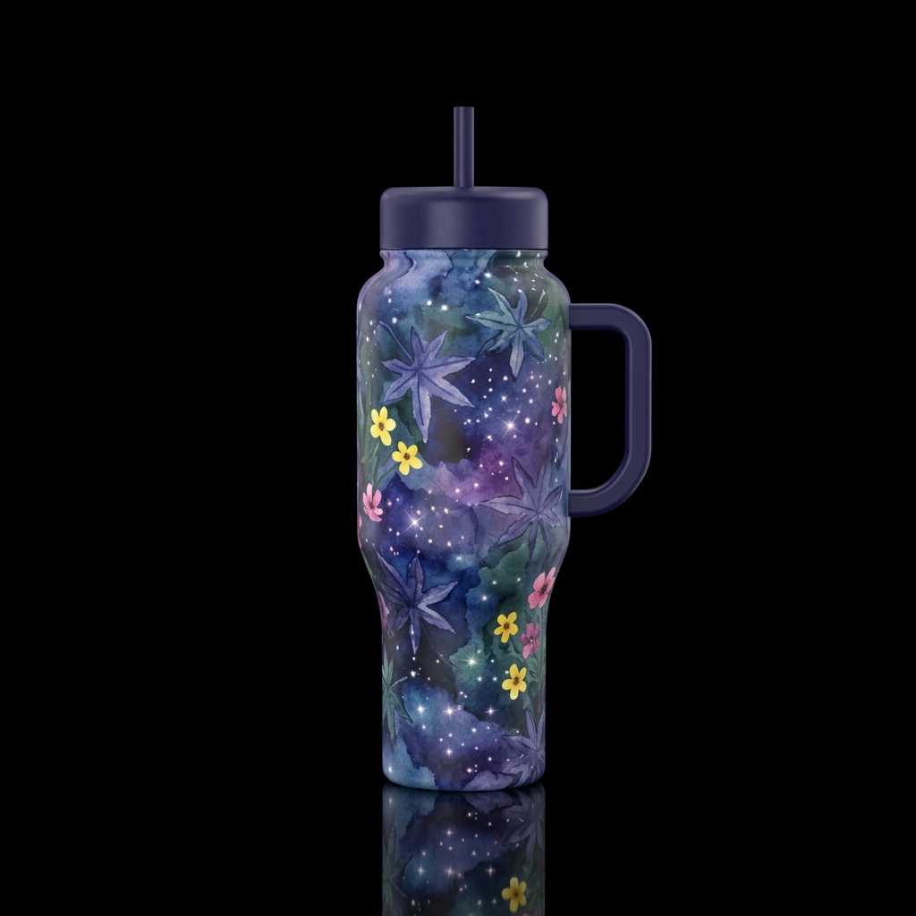 6 pointed Star leaf imprints with magical sparkles... water bottle design