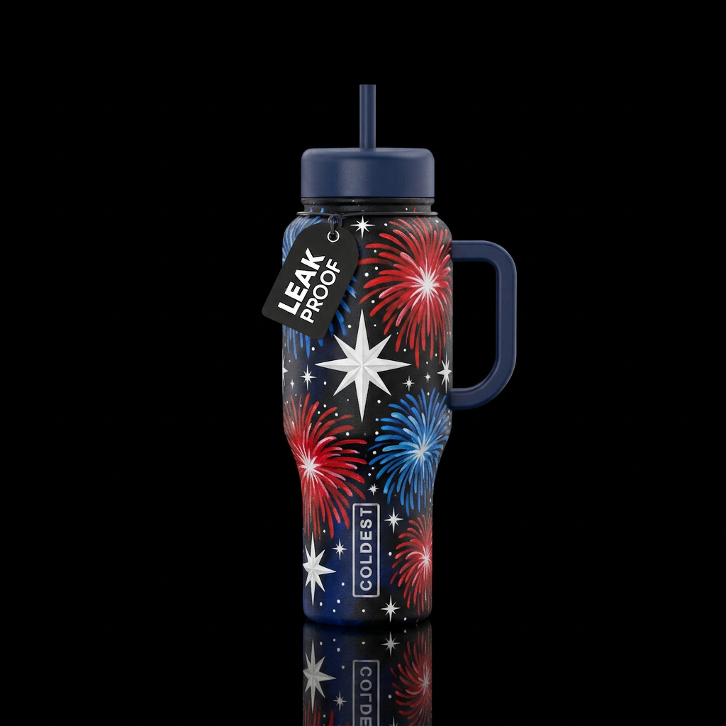 Individual Red, blue puffs bursts in firework spre... water bottle design