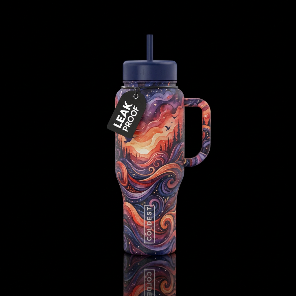 Moody romantic vibe, abstract sunset using reds, o... water bottle design