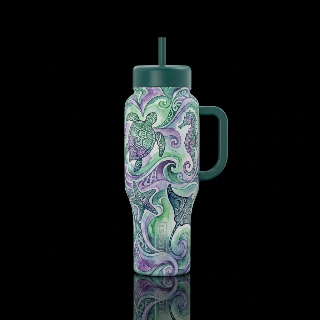 Abstract ocean waves and swirls, intricate sea tur... water bottle design