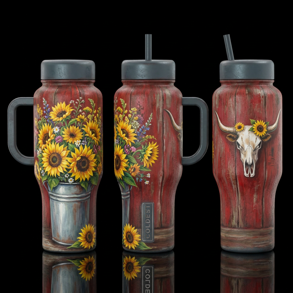 Metal pail holding bouquet of sunflowers and wildf... water bottle design