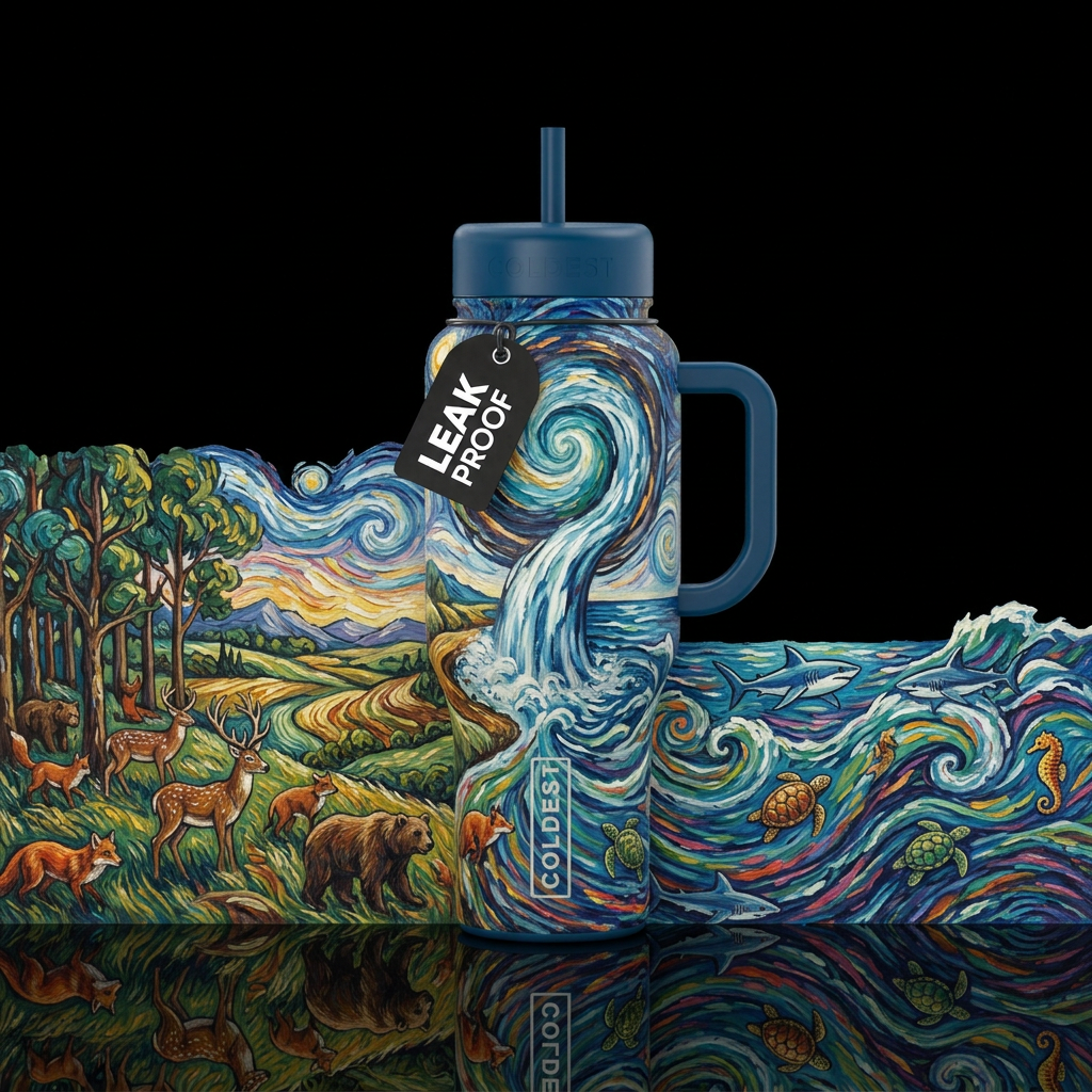Portals, ocean and land joined by waterfall, land ... water bottle design