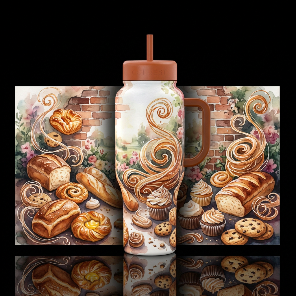 Bread, danish, cupcakes, cookies, scattered stagge... water bottle design
