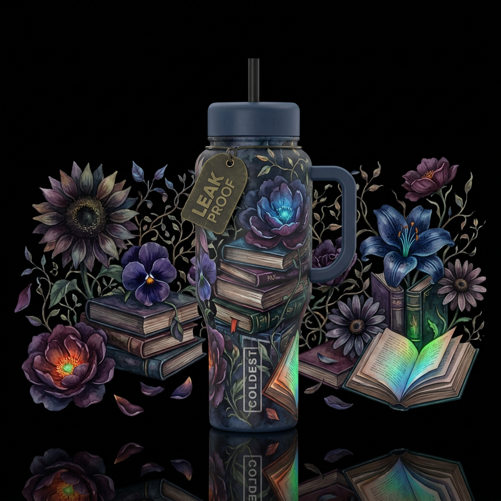 Dark romantic moody colors, lots of books, some op... water bottle design