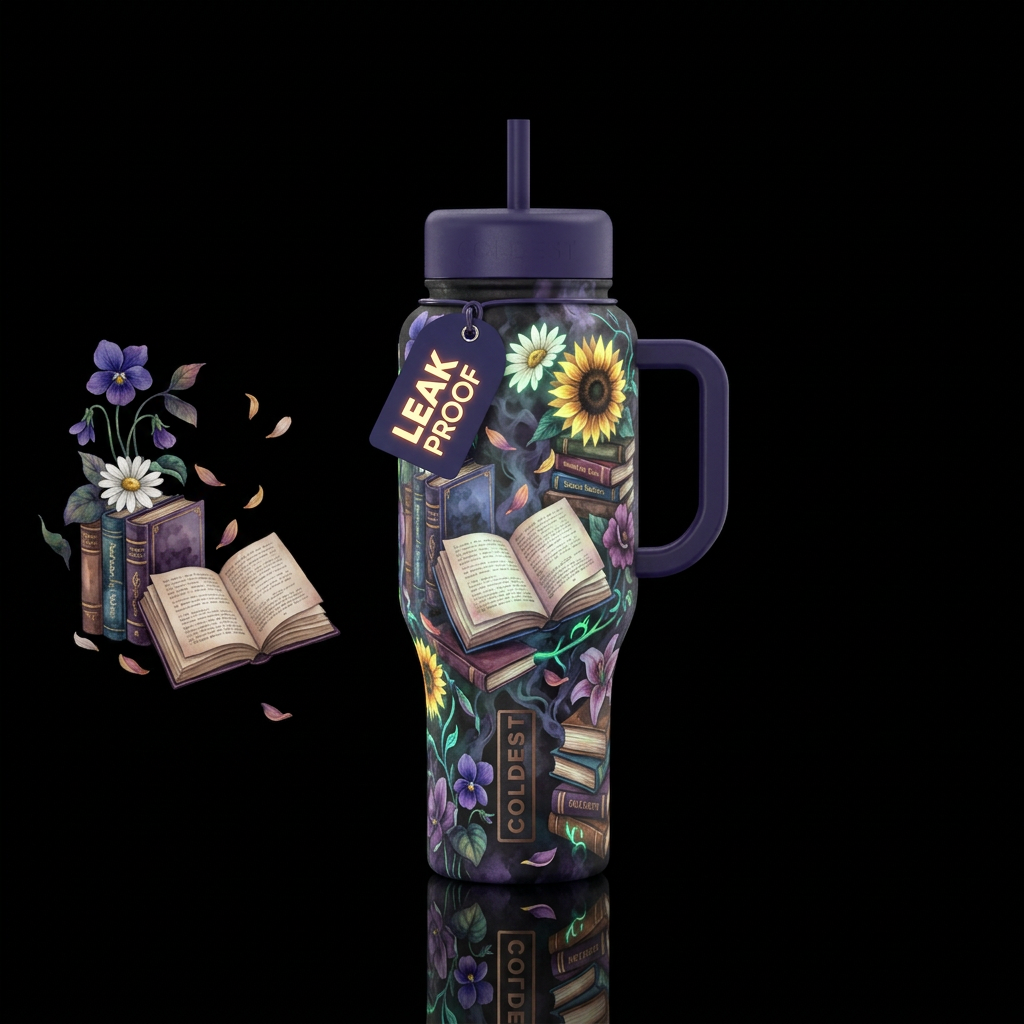 Dark romantic moody colors, lots of books, some op... water bottle design