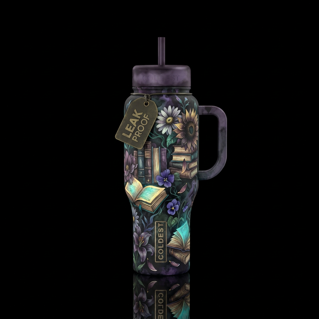 Dark romantic moody colors, lots of books, some op... water bottle design