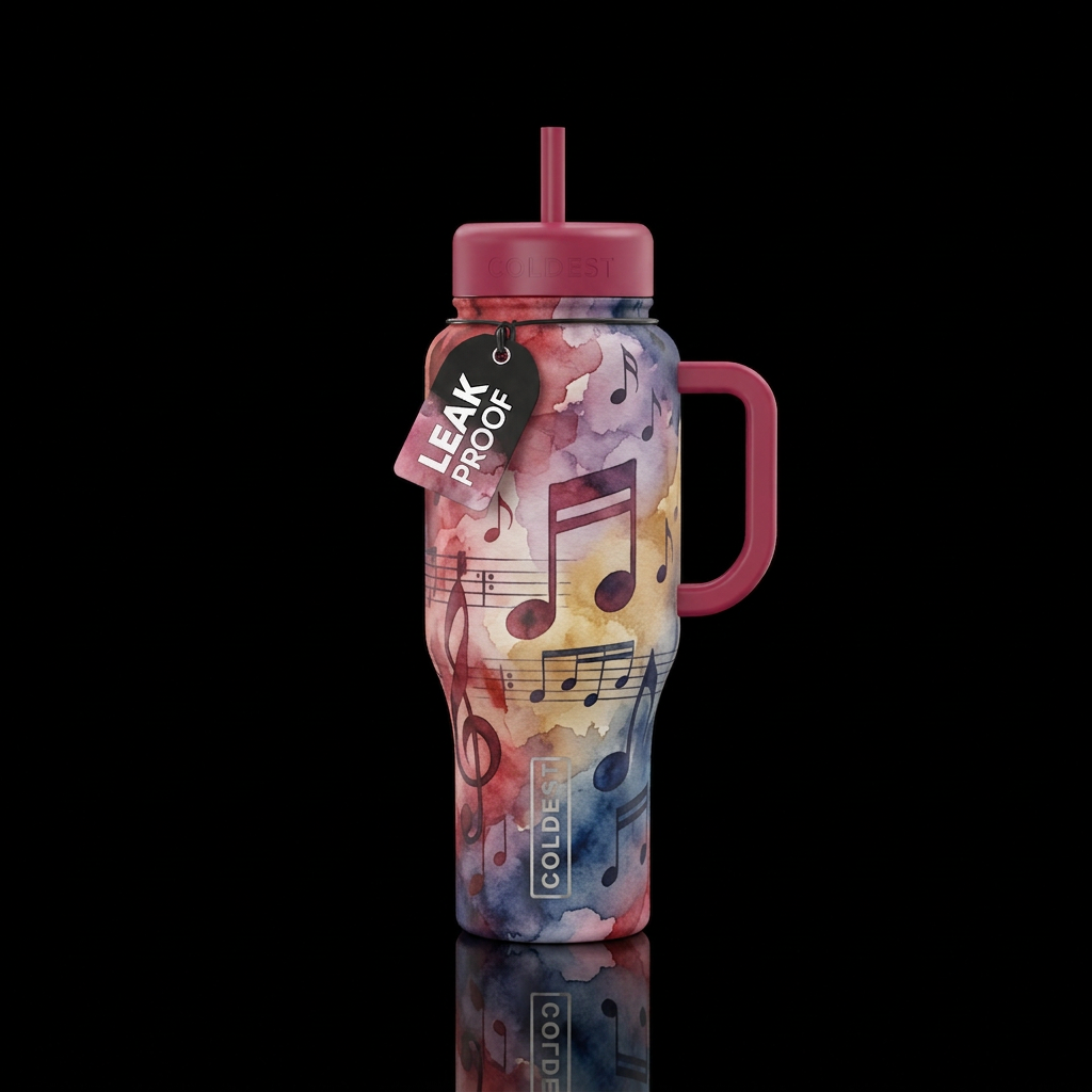 Music notes all over bottle that are large and sma... water bottle design