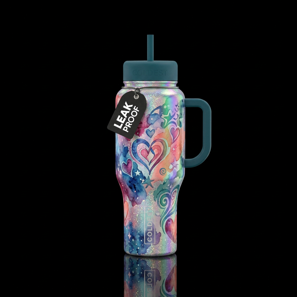 Romantic vibrant colors, iridescent sparkles, clas... water bottle design