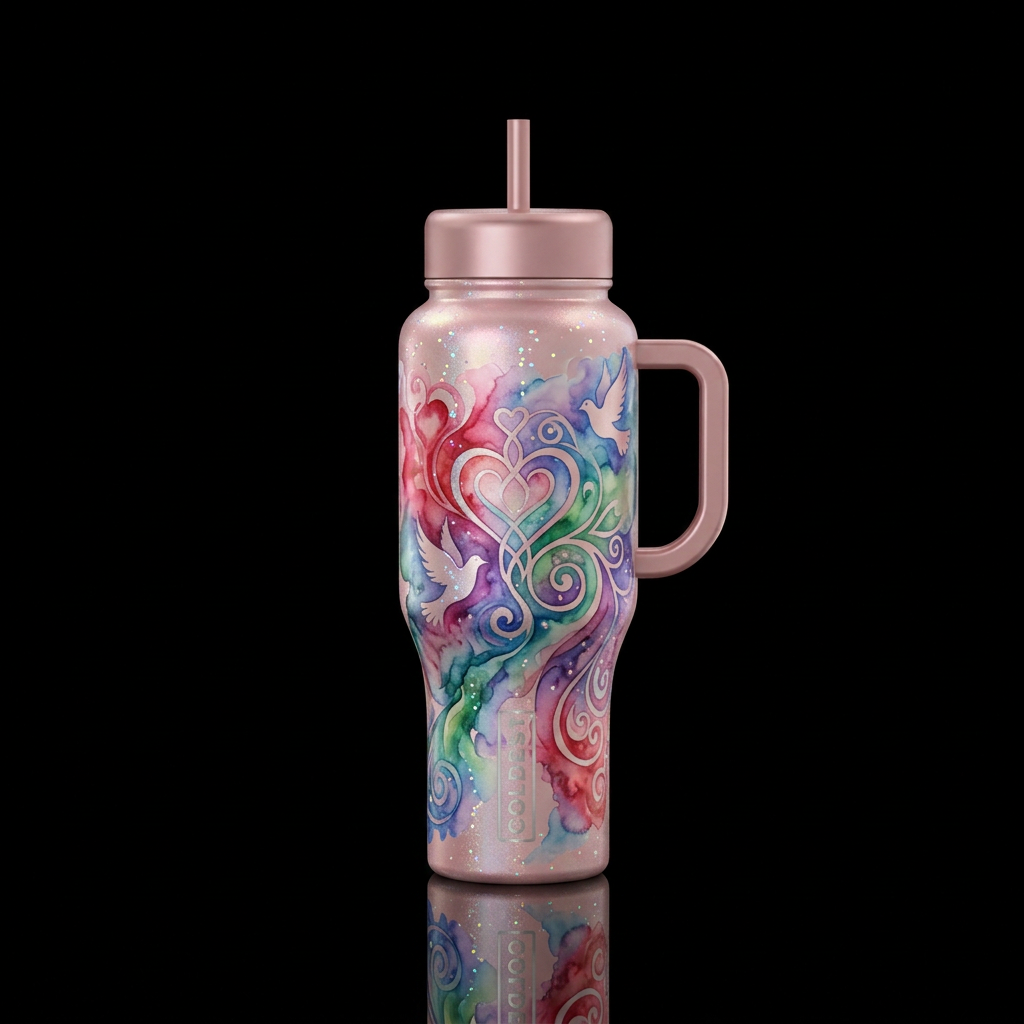 Romantic vibrant colors, iridescent sparkles, clas... water bottle design