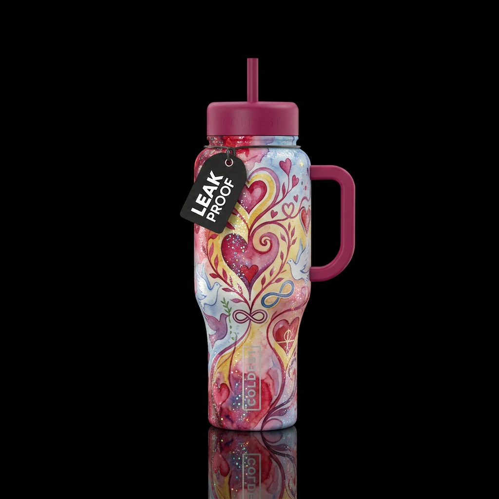 Romantic vibrant colors, iridescent sparkles, clas... water bottle design