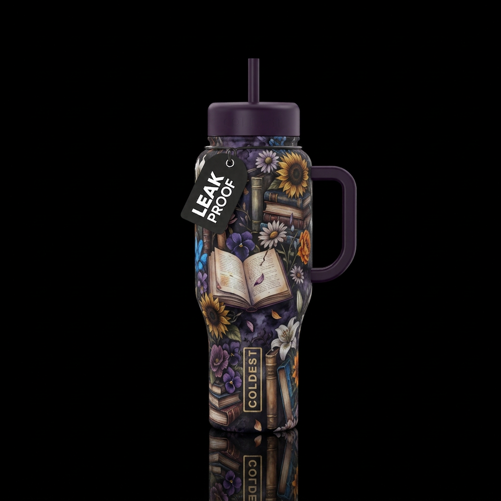 Dark romantic moody colors, lots of books, some op... water bottle design