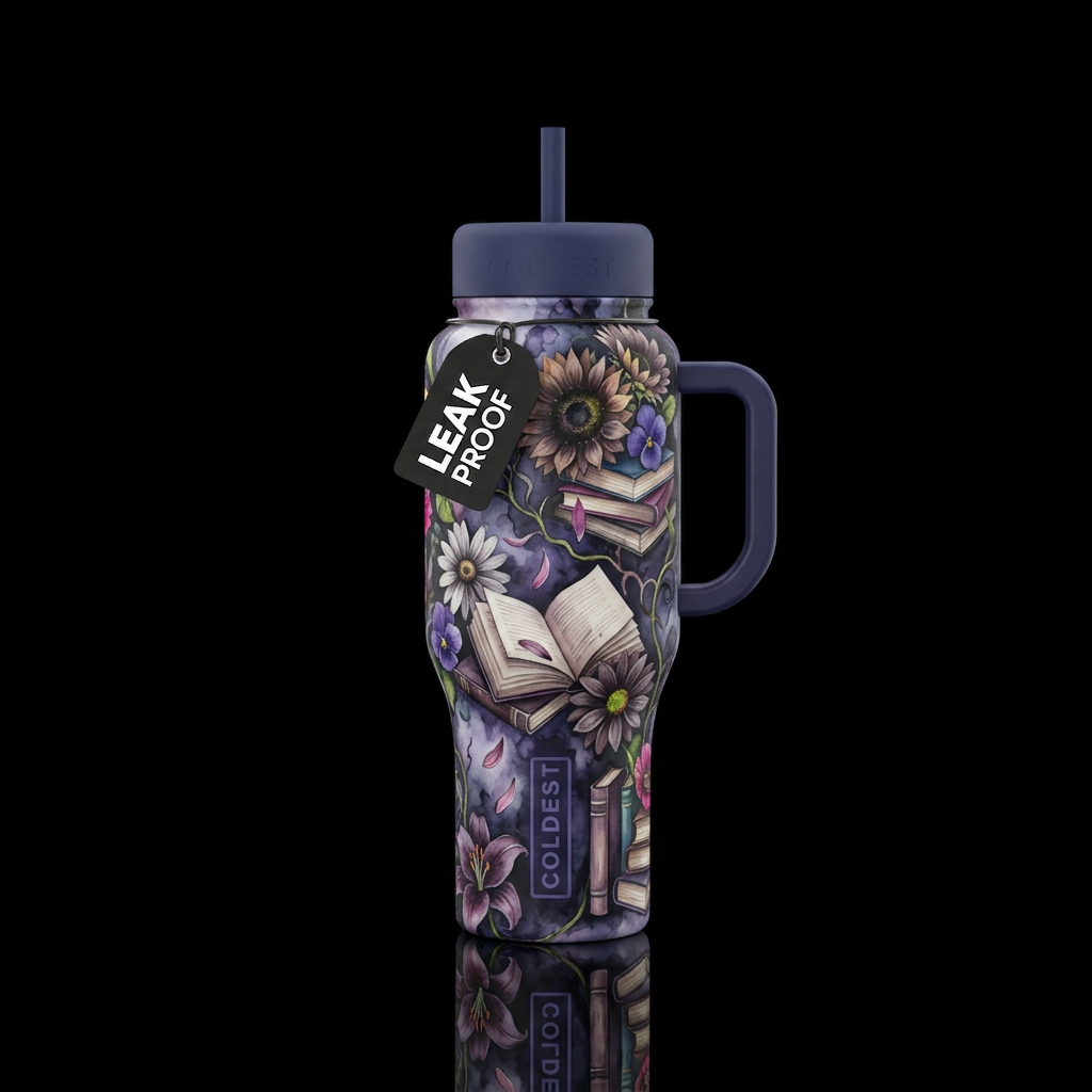 Dark romantic moody colors, lots of books, some op... water bottle design