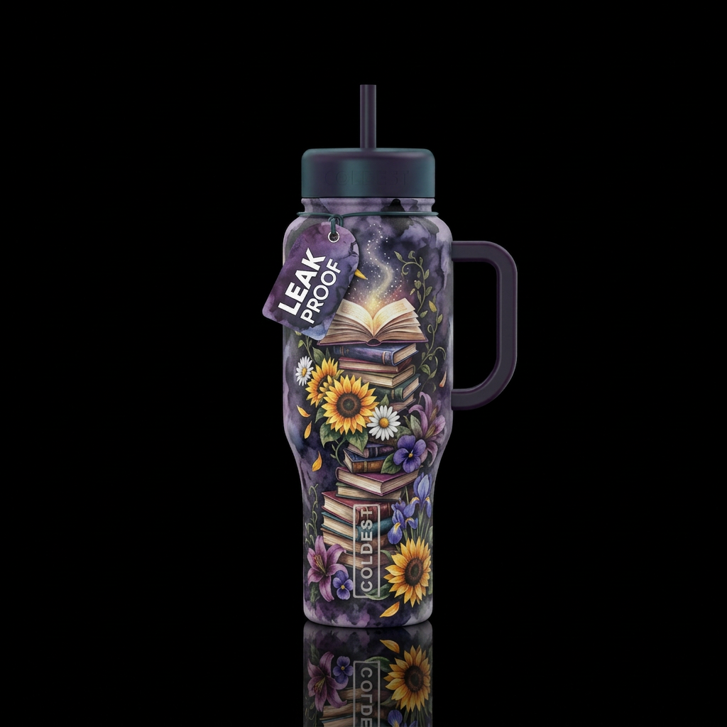 Dark romantic moody colors, lots of books in stack... water bottle design