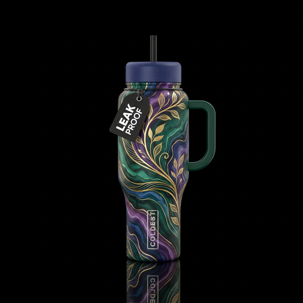Marbled waves of shining emerald, sapphire, and am... water bottle design