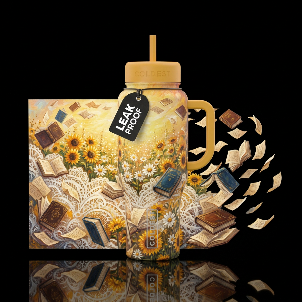 Laces and sparkling sunflower background with book... water bottle design
