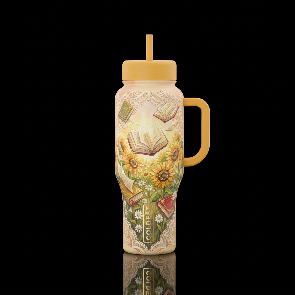 Laces and sparkling sunflower background with book... water bottle design