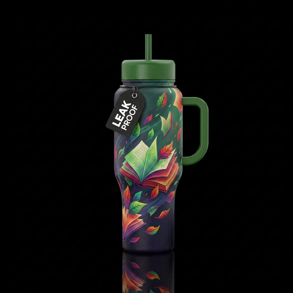 Book pages blowing into the wind turning into leav... water bottle design