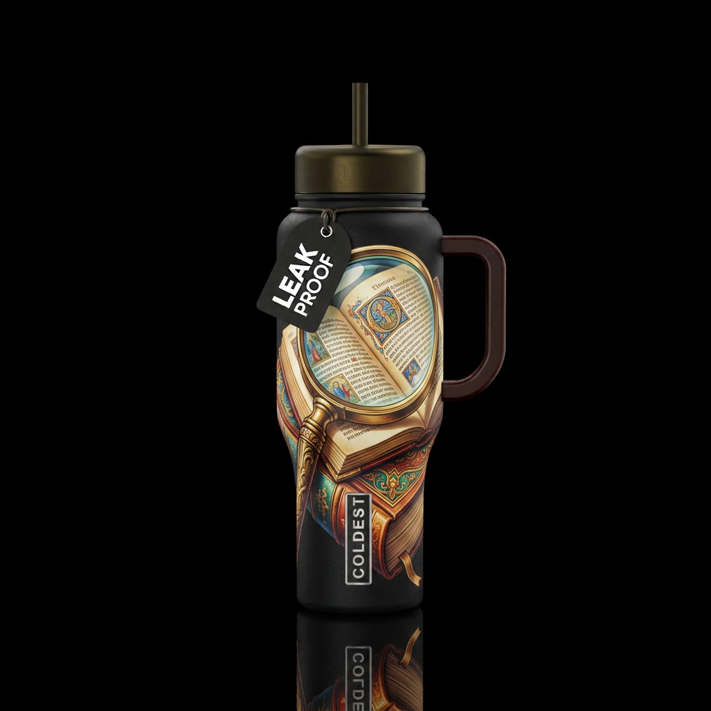 Magnifying glass looking into a book water bottle design
