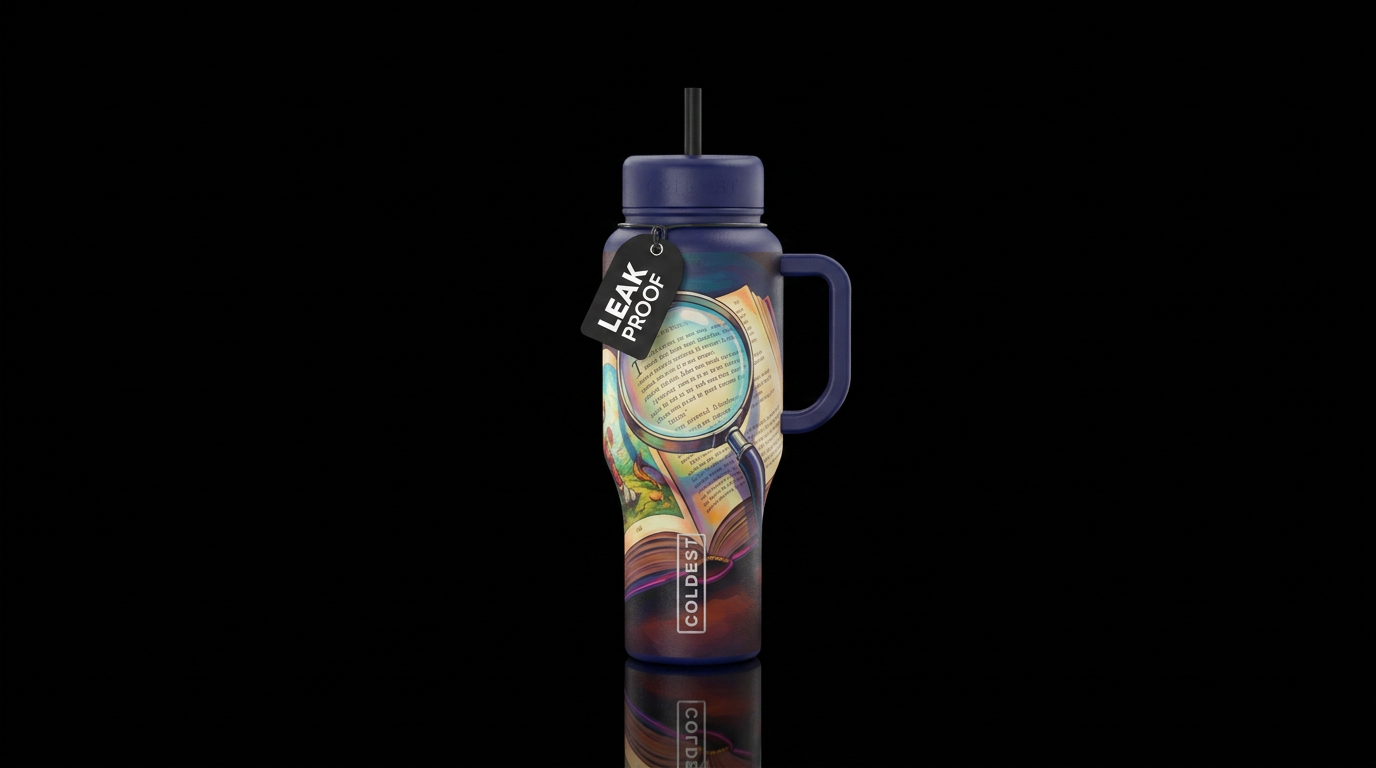 Magnifying glass looking through book water bottle design