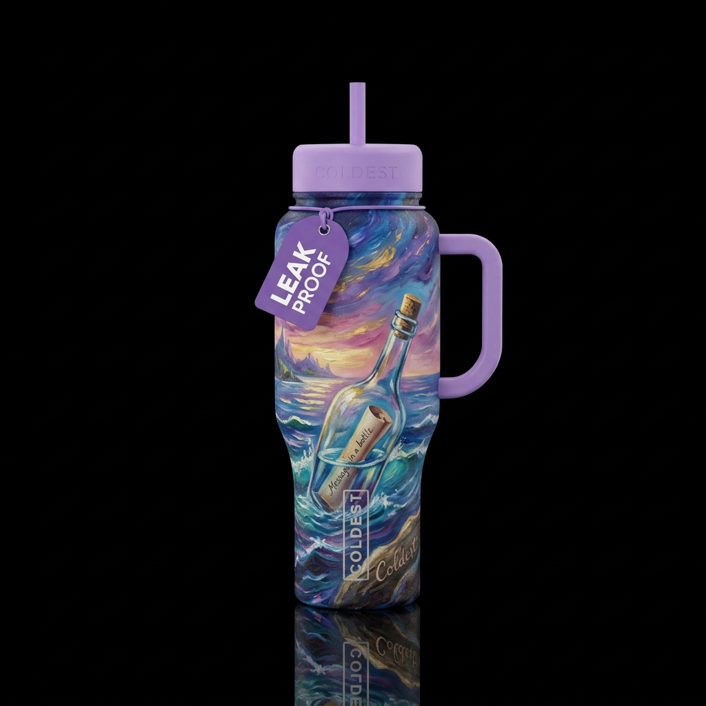 Message in a bottle with the view of the ocean in ... water bottle design