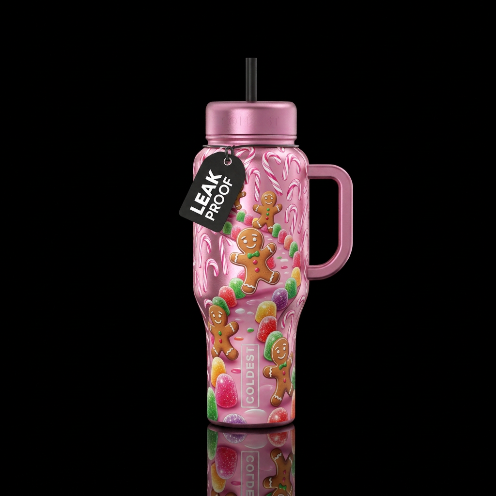 Gingerbread skipping down gum drop lane with a met... water bottle design