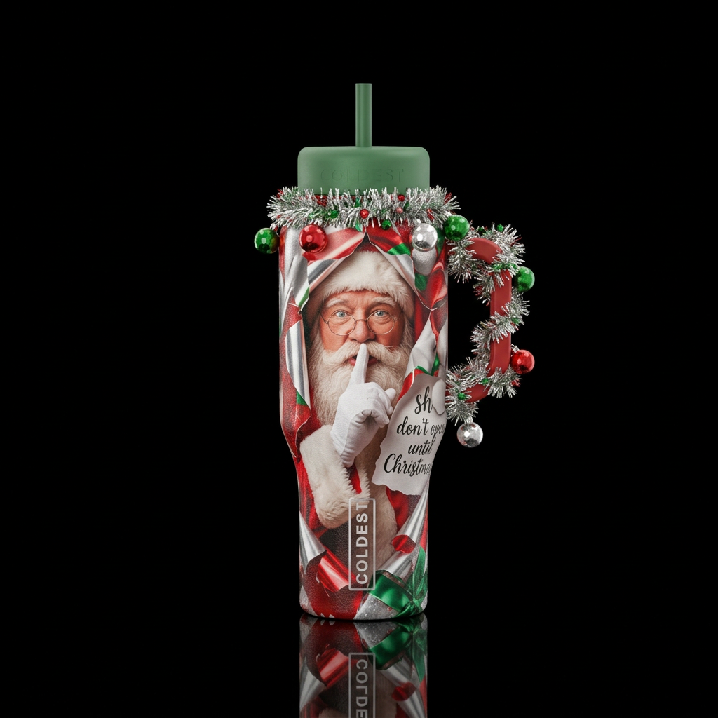 Santa behind wrapping paper being pulled back sayi... water bottle design