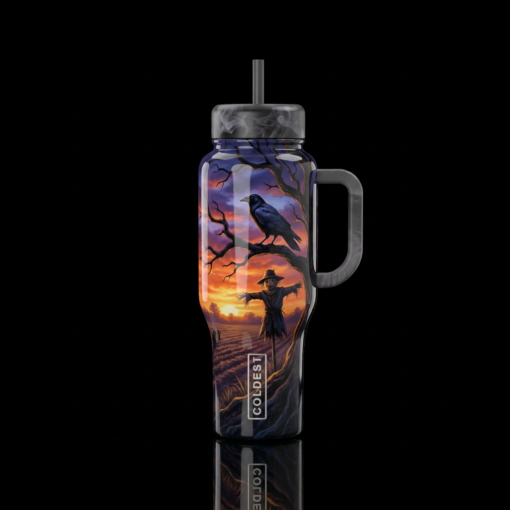 Black crow sitting on an old tree branch with a sc... water bottle design