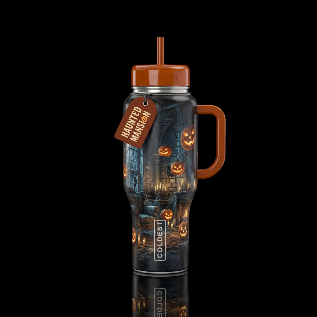 Glowing floating pumpkins inside of a haunted mans... water bottle design