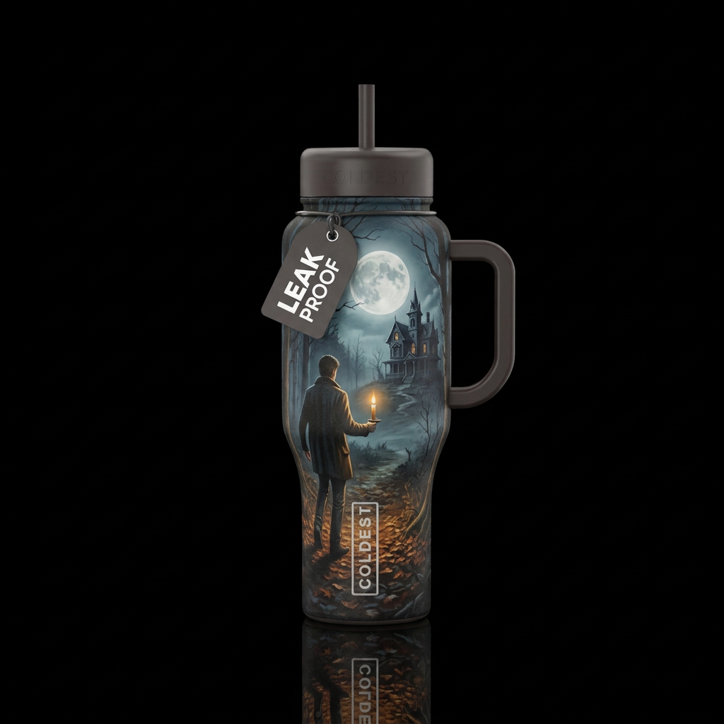 Walking through a dark forest by candlelight on a ... water bottle design