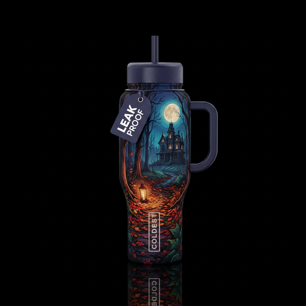 Walking through a dark forest by candlelight on a ... water bottle design