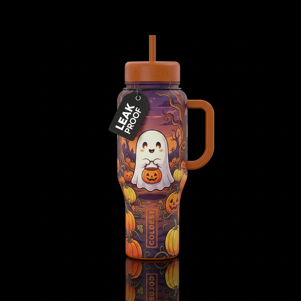 Cute little ghost holding a trick or treat bucket ... water bottle design