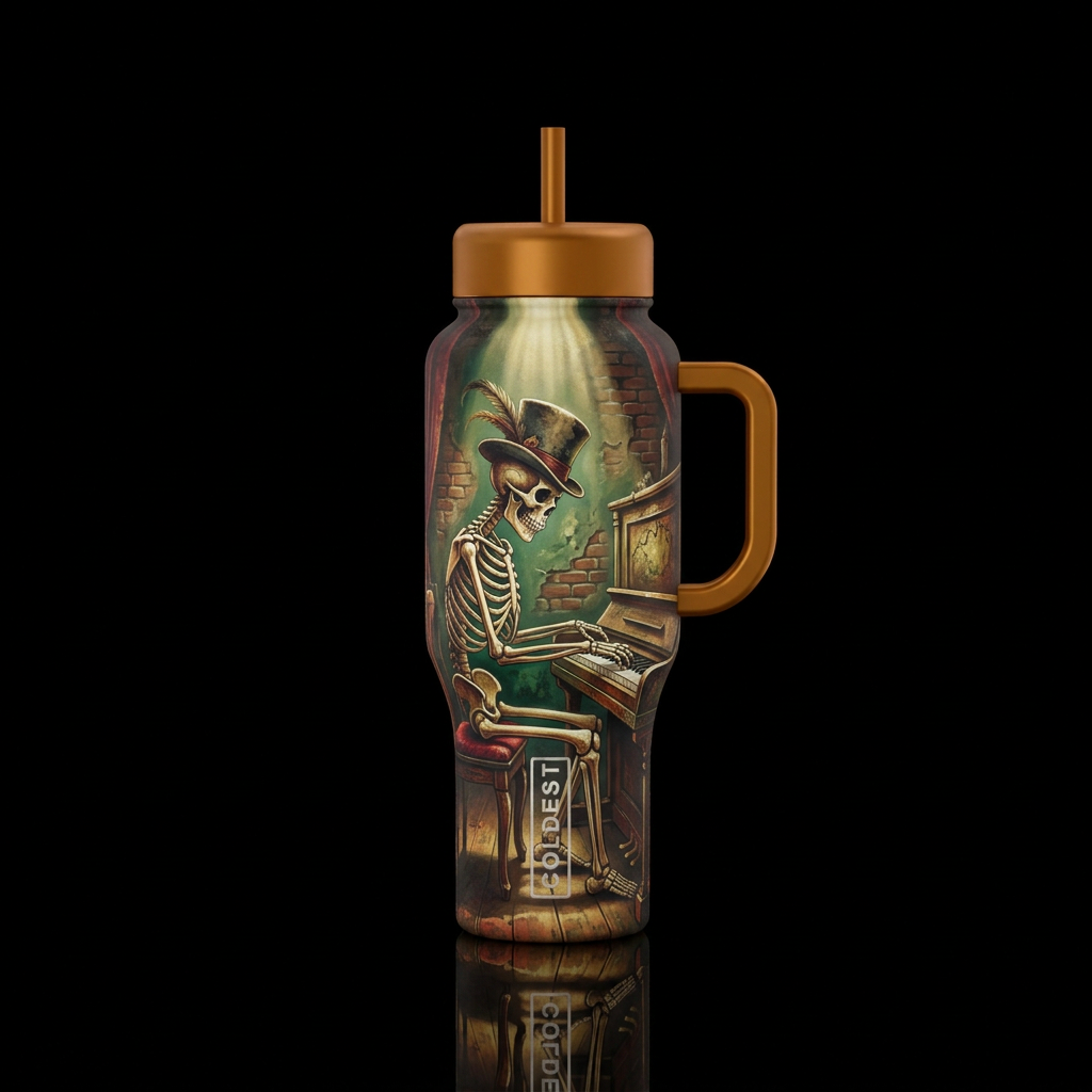 Voodoo skeleton wearing an old top hat playing the... water bottle design