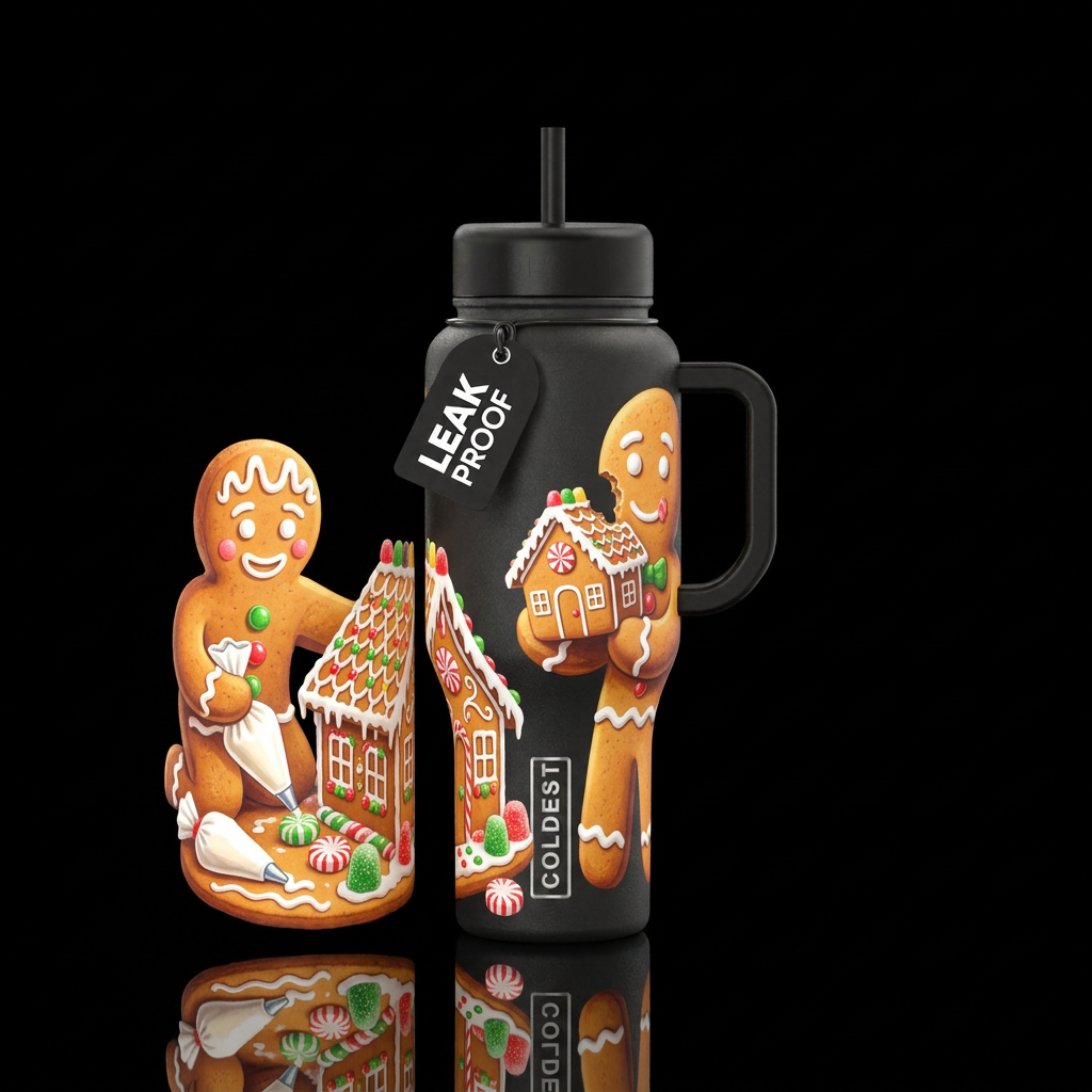 Gingerbread making a gingerbread house and then bi... water bottle design