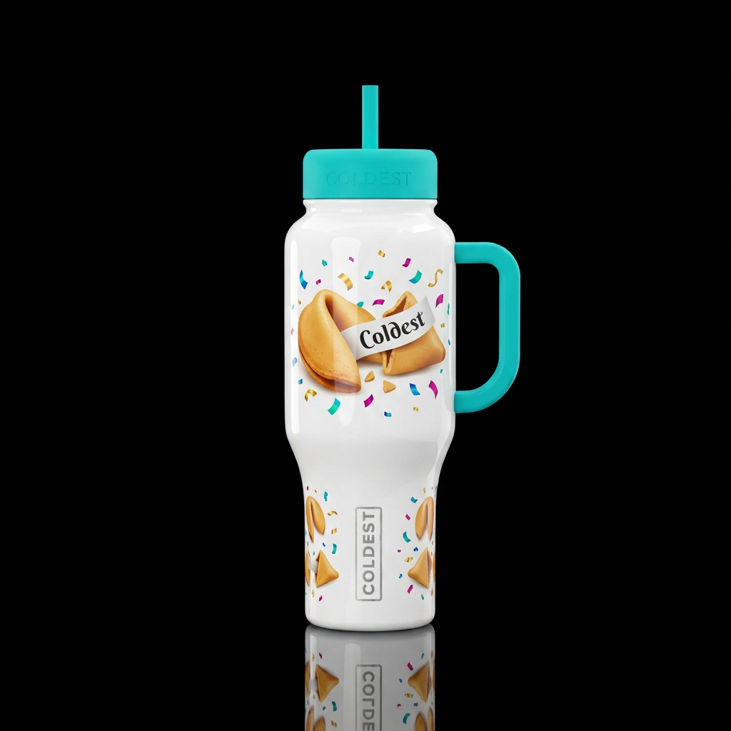 Glossy white bottle with a large fortune cookie op... water bottle design