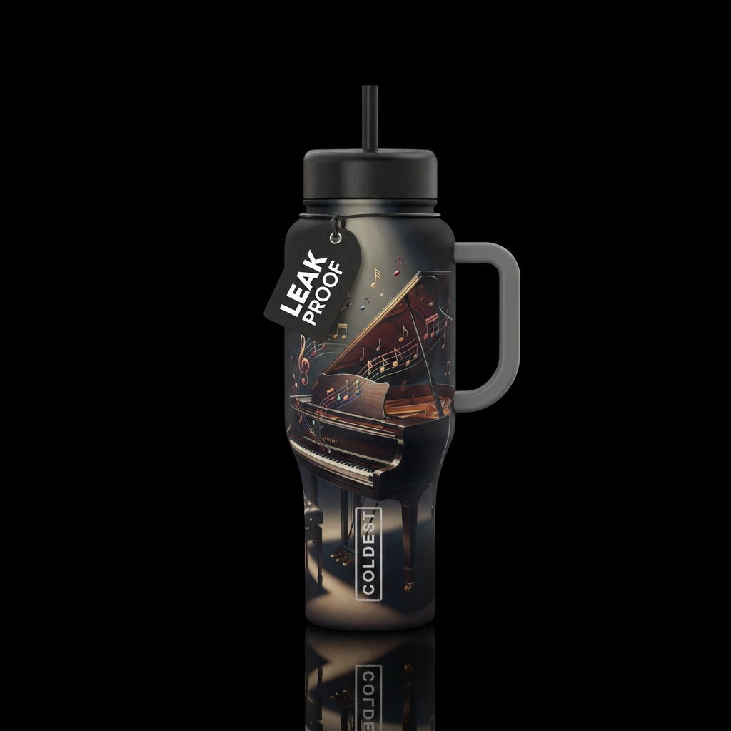 Piano under a dim spotlight with music notes drift... water bottle design