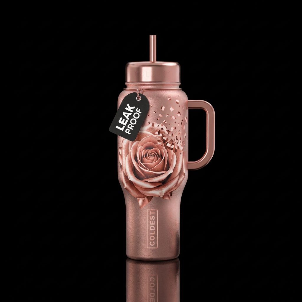 Rose gold rose blooming with confetti popping out ... water bottle design