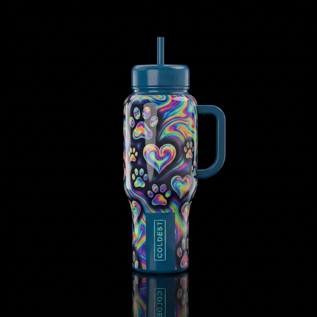 Paw prints turning into hearts with colorful oil s... water bottle design