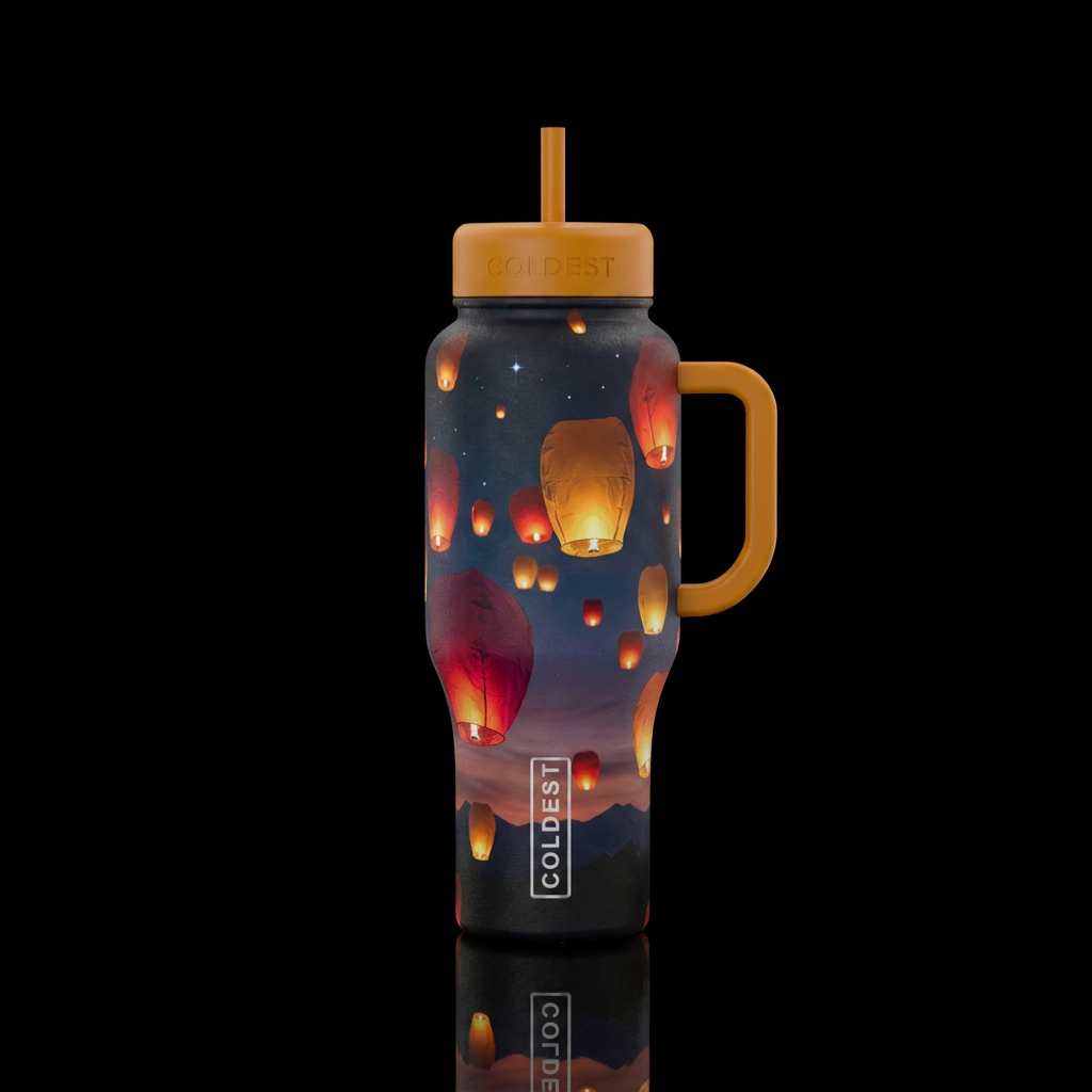 Paper lanterns floating across the sky water bottle design