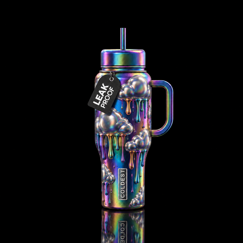 Metallic puffy cloud around the whole bottle  rain... water bottle design