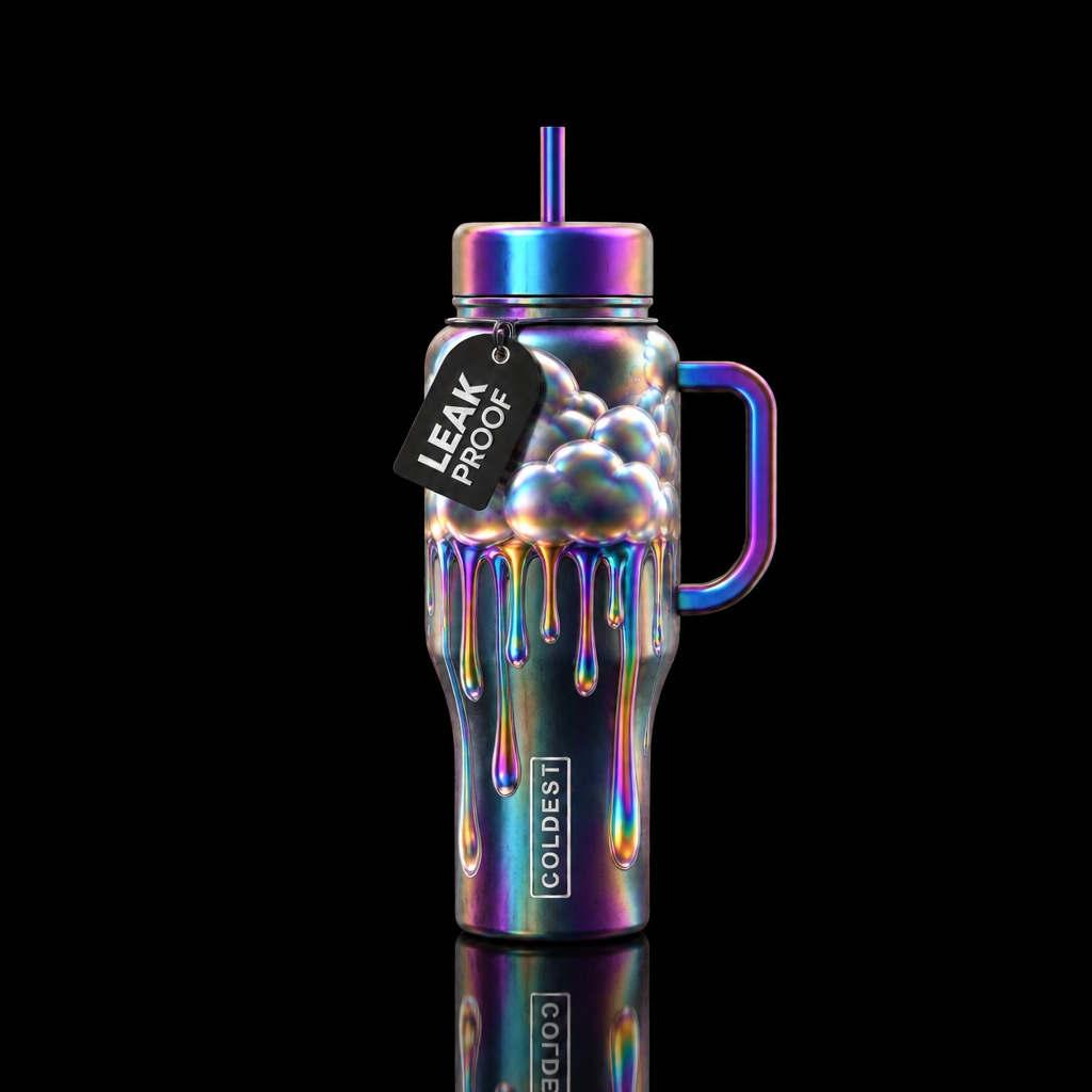 Metallic puffy cloud going around the whole bottle... water bottle design