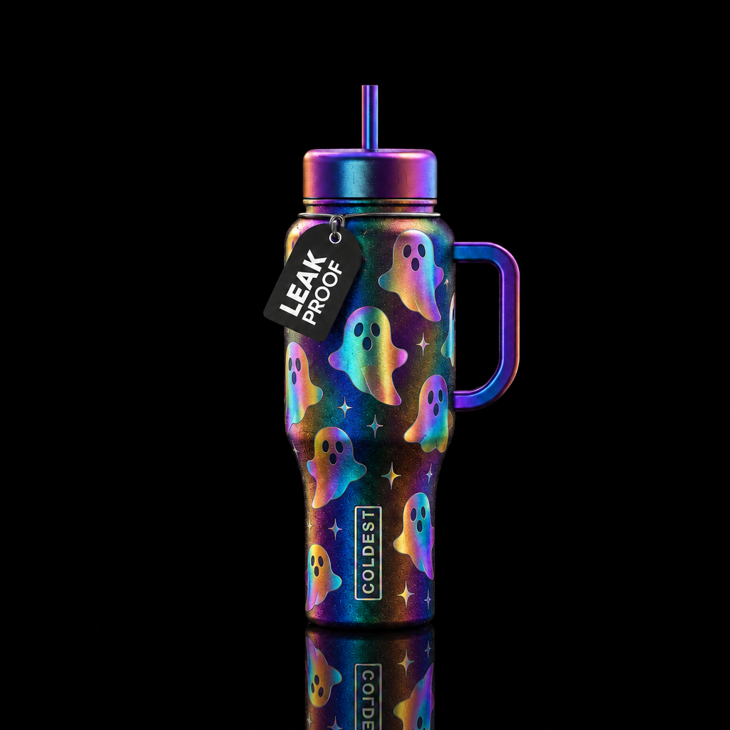 Metallic rainbow ghost water bottle design