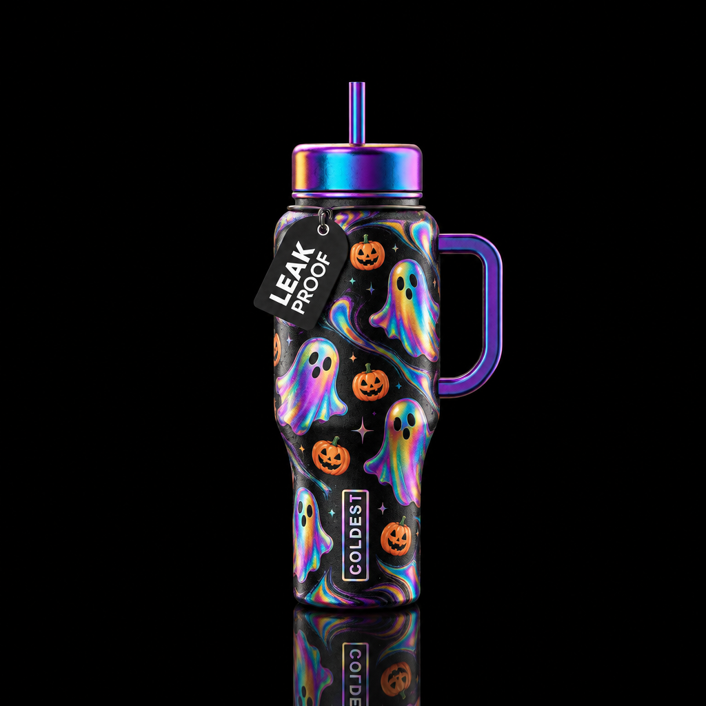 Oil slick rainbow ghosts with mini pumpkins floati... water bottle design