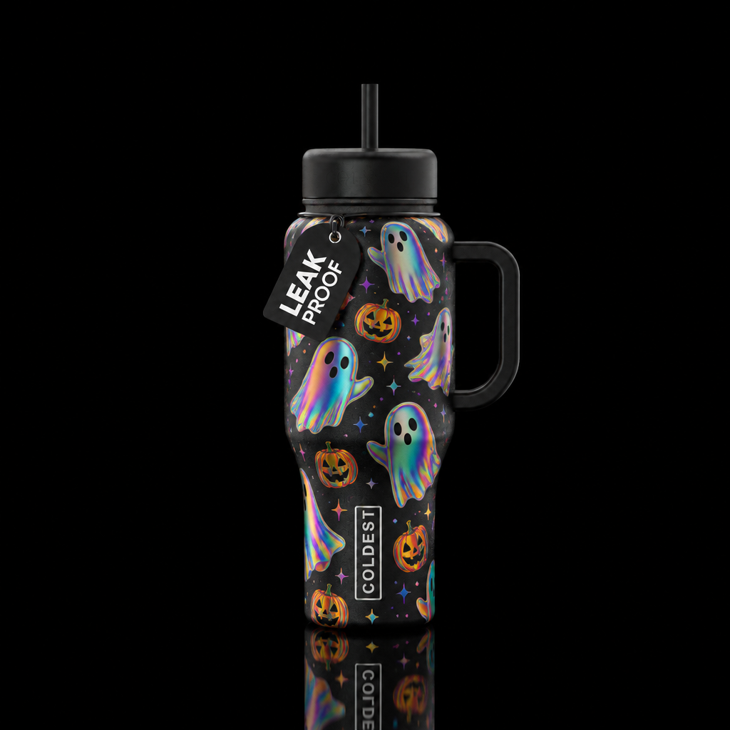 Oil slick rainbow ghosts with mini pumpkins floati... water bottle design