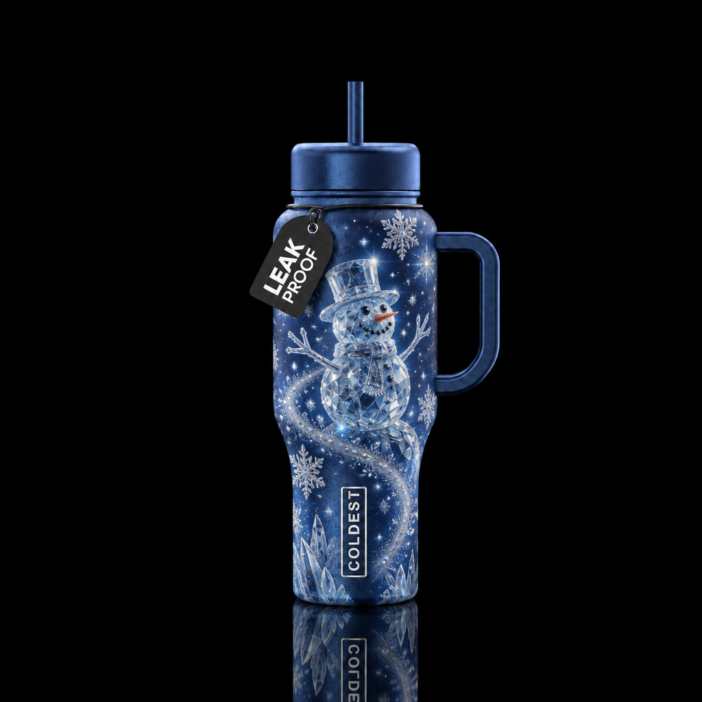Snowman made out of crystal icicles with swirling ... water bottle design